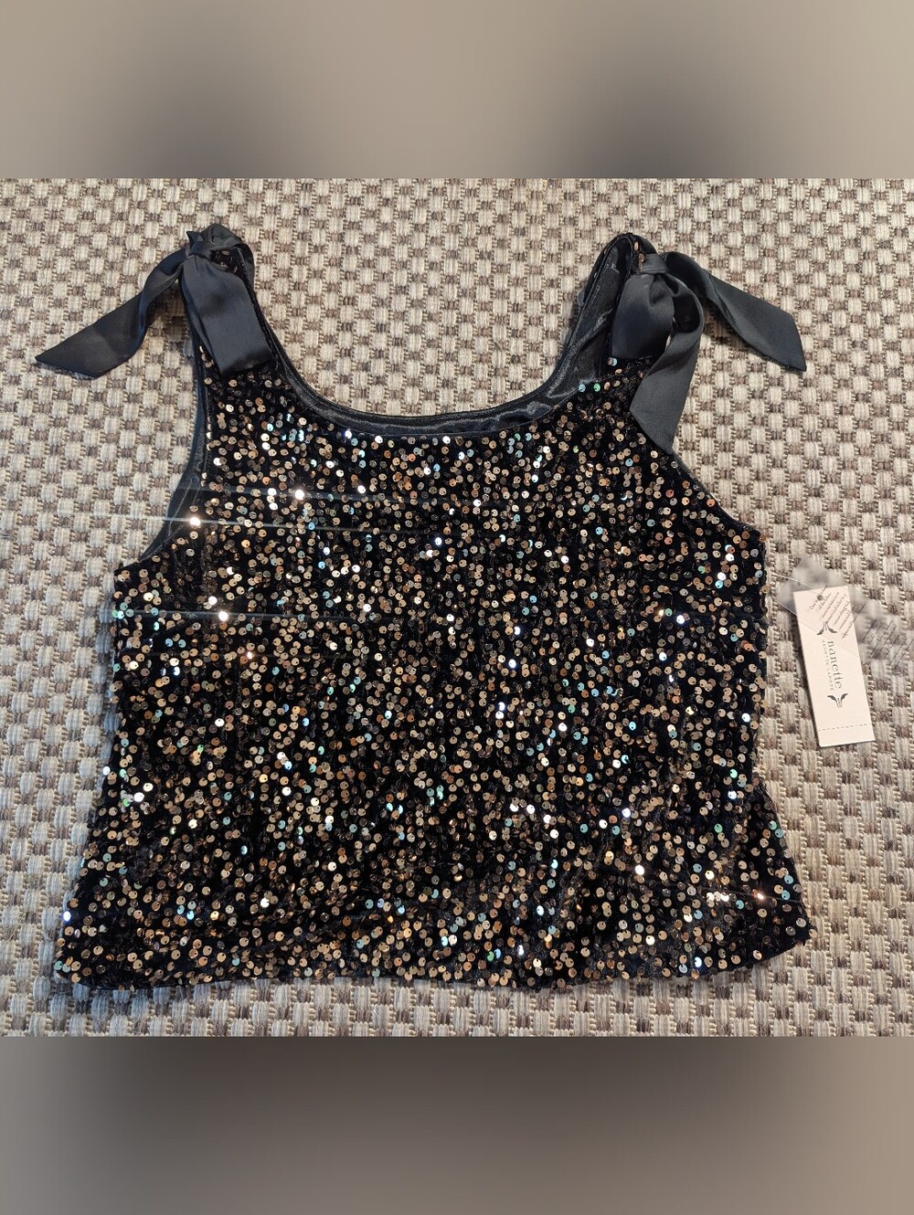 Nanette Lepore Black Gold Sequins Satin Bows Going Out Festive Holiday Top NWT L